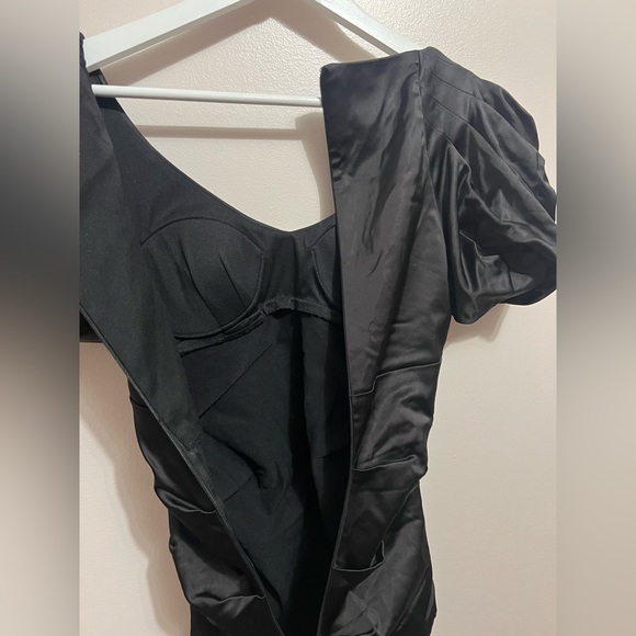 Cache Black Ruched Midi Bodycon Dress with Puff Sleeves - Picture 6 of 7